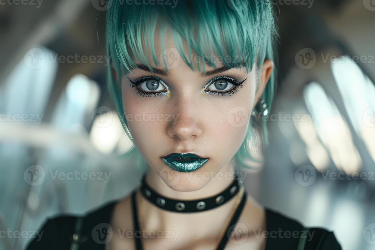 Striking portrait of a woman with vibrant green hair and bold makeup photo