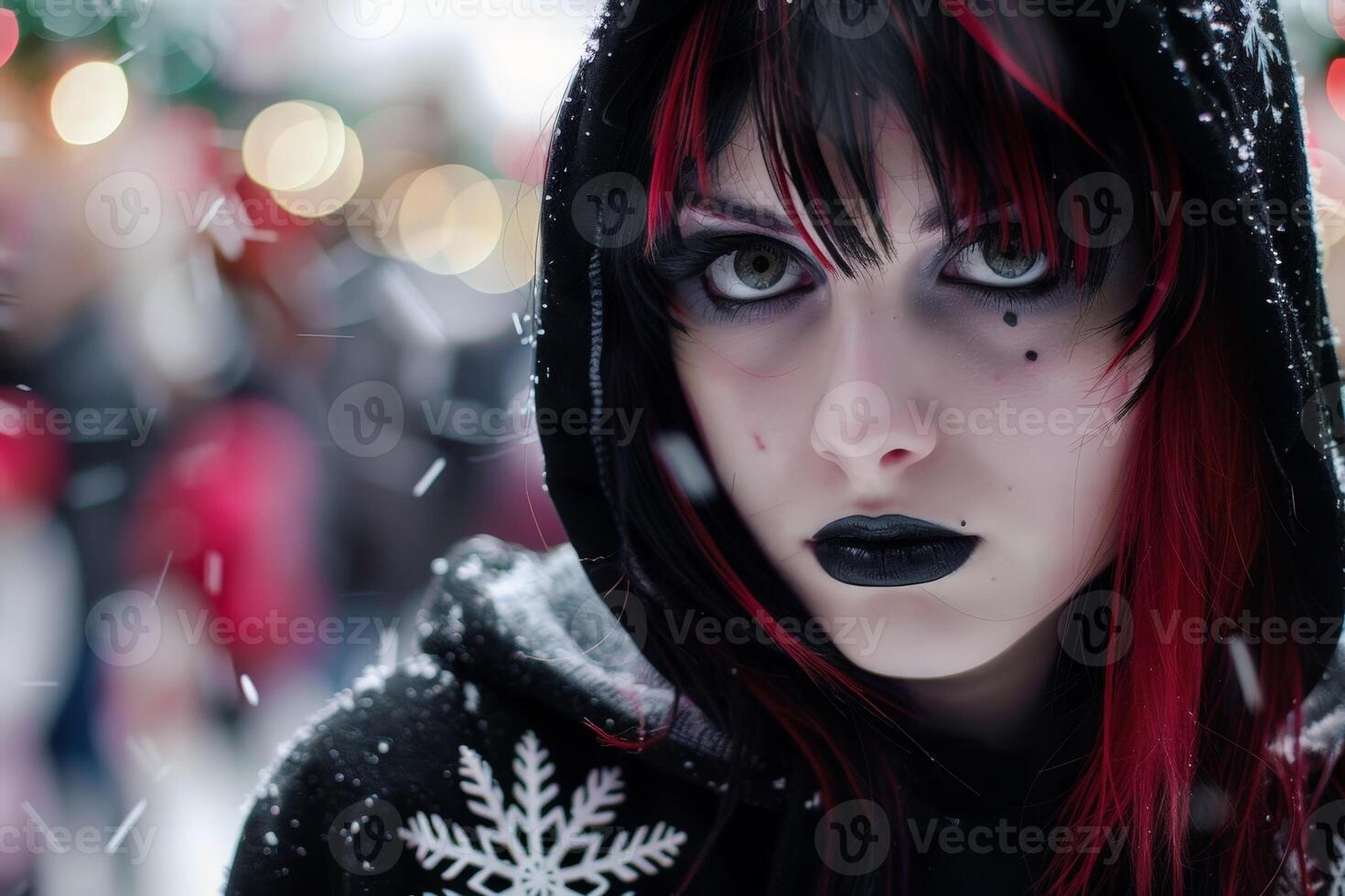 mysterious woman with red and black hair in winter photo