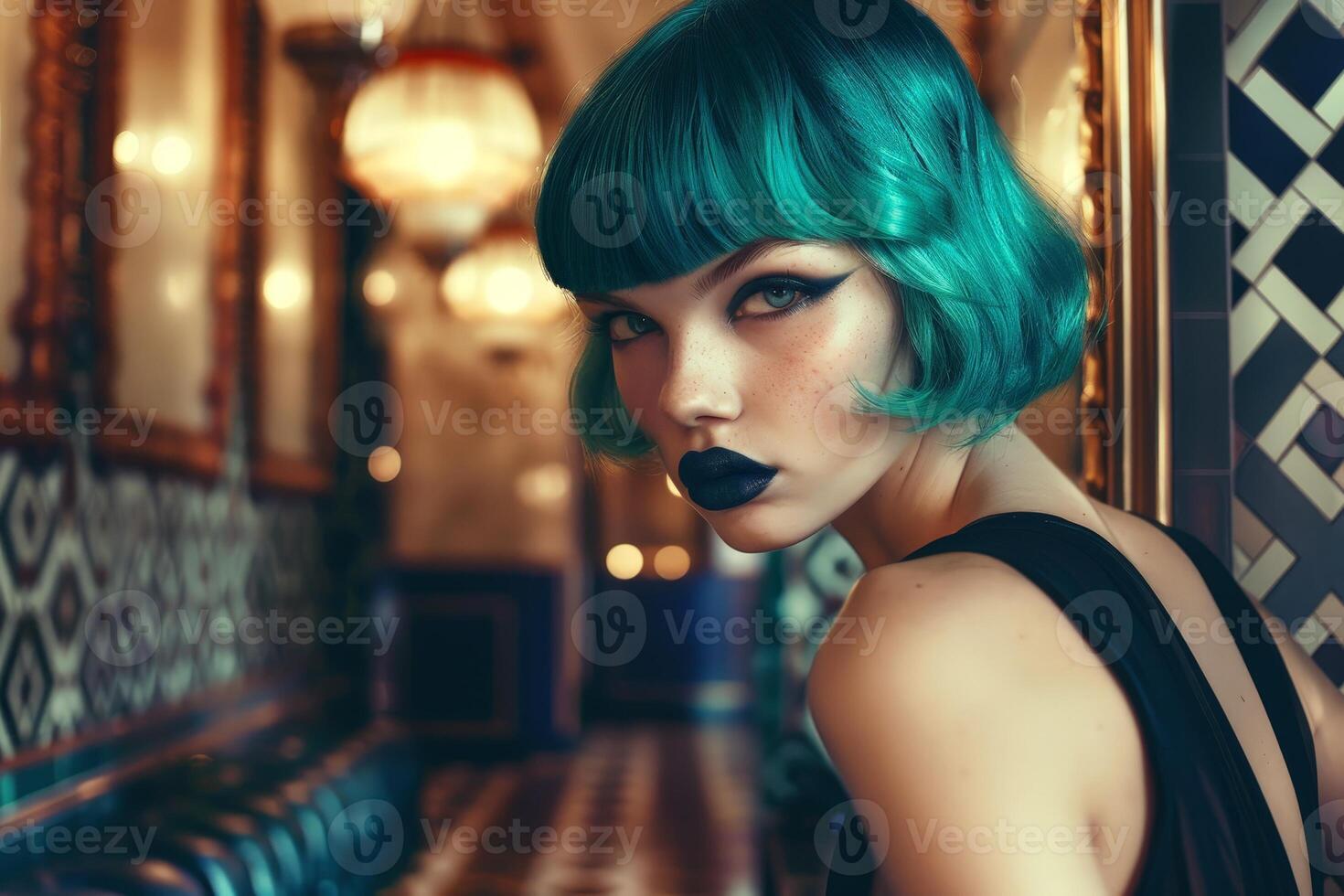woman with vibrant teal hair and dark makeup photo