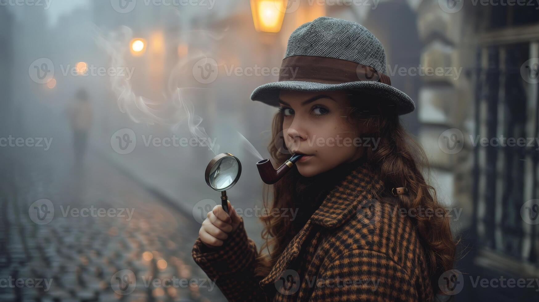 Woman in winter coat smoking pipe and holding magnifying glass photo