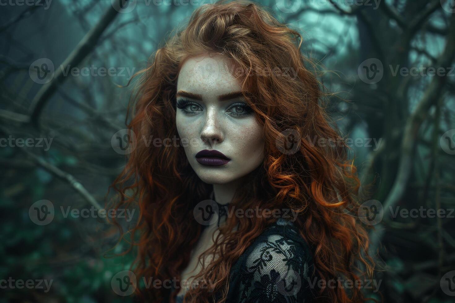 Mysterious woman with fiery red hair in the forest photo