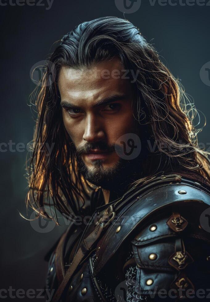 Rugged warrior with long hair and beard photo