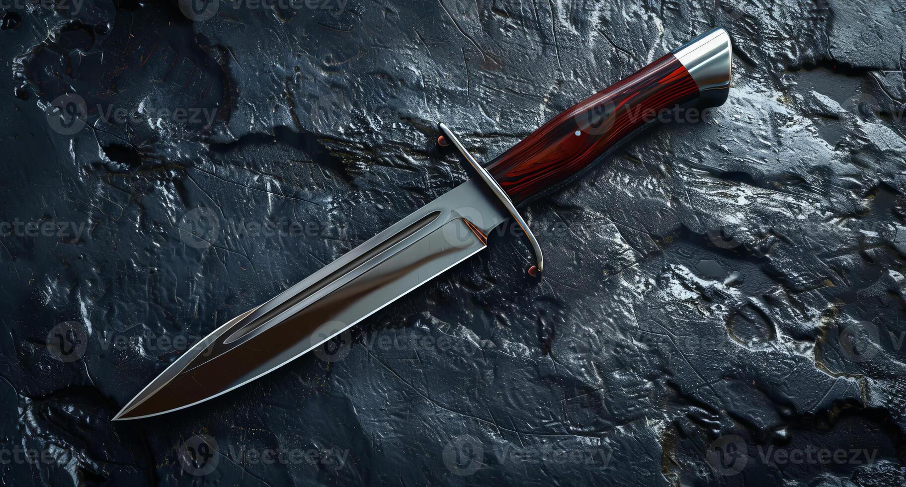 Closeup of a sharp hunting knife with a wooden handle on a dark background photo