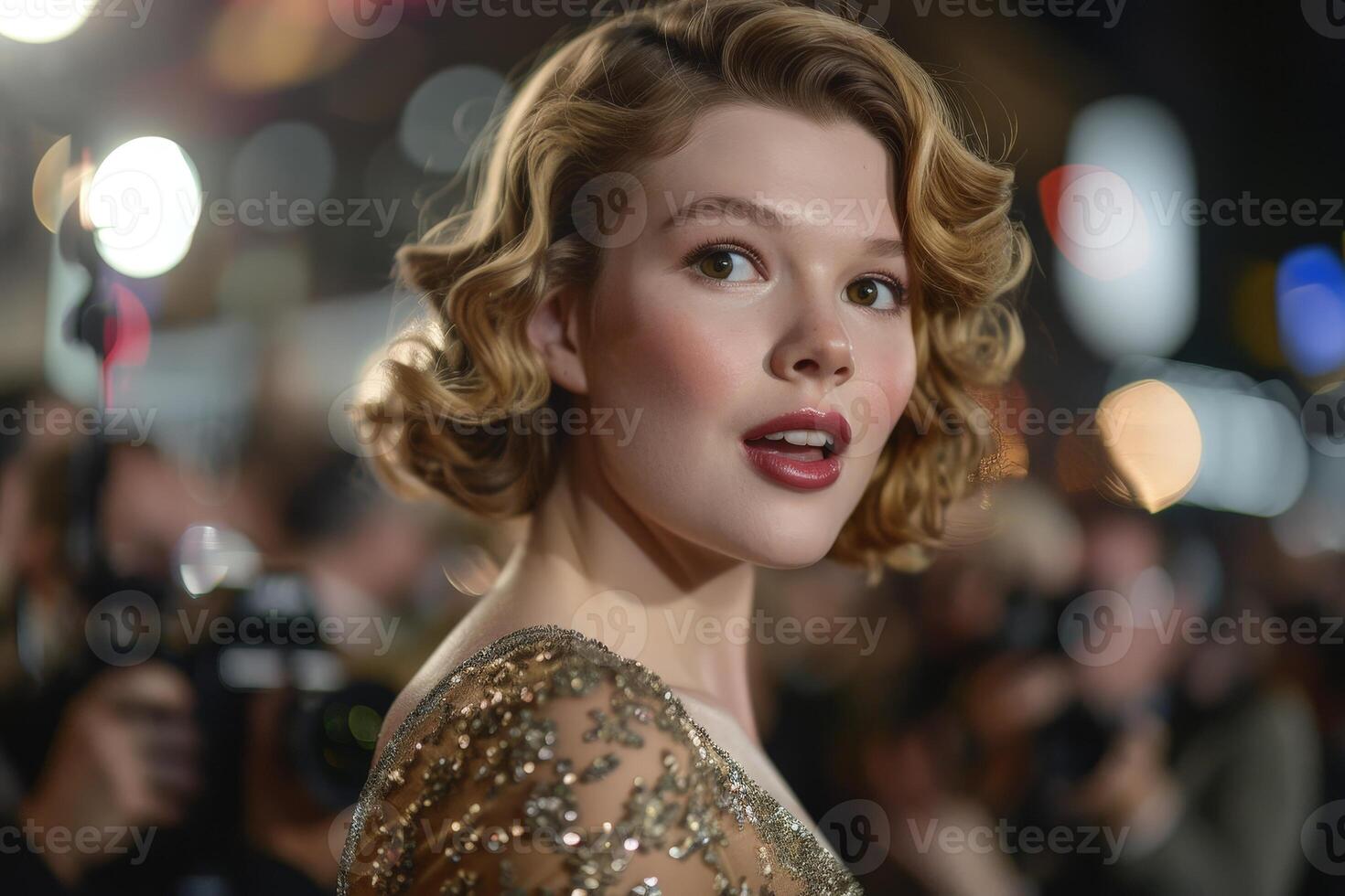 Glamorous woman with curly hair and red lipstick photo