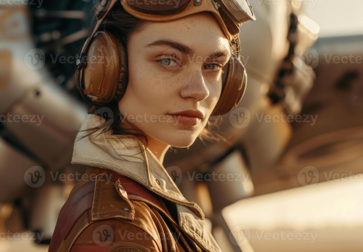 Serious female pilot in vintage aviation gear photo