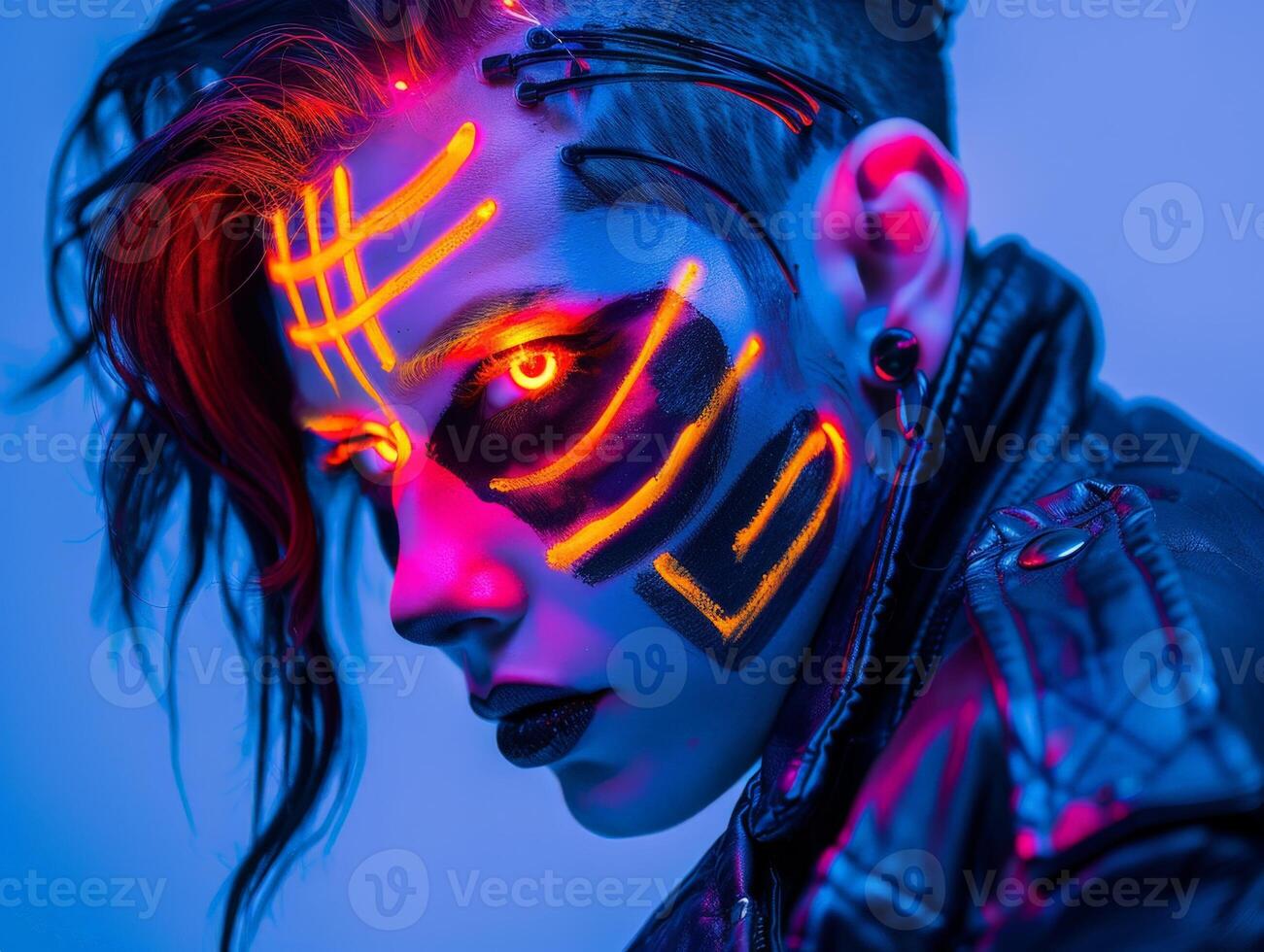 Futuristic cyborg with glowing face paint photo