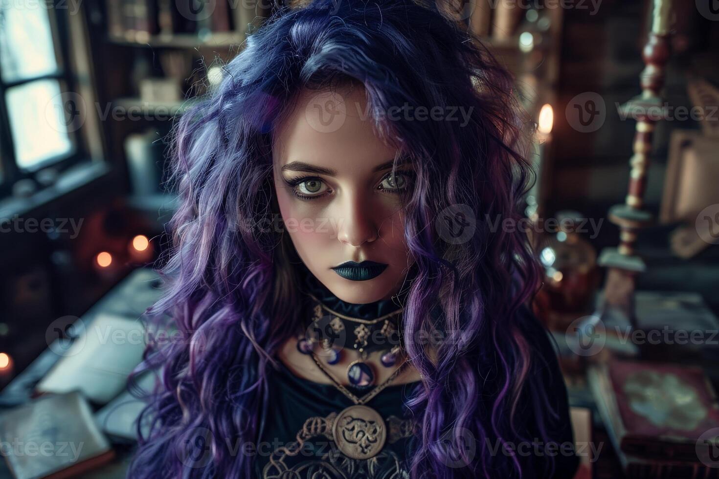 mysterious woman with vibrant purple hair photo