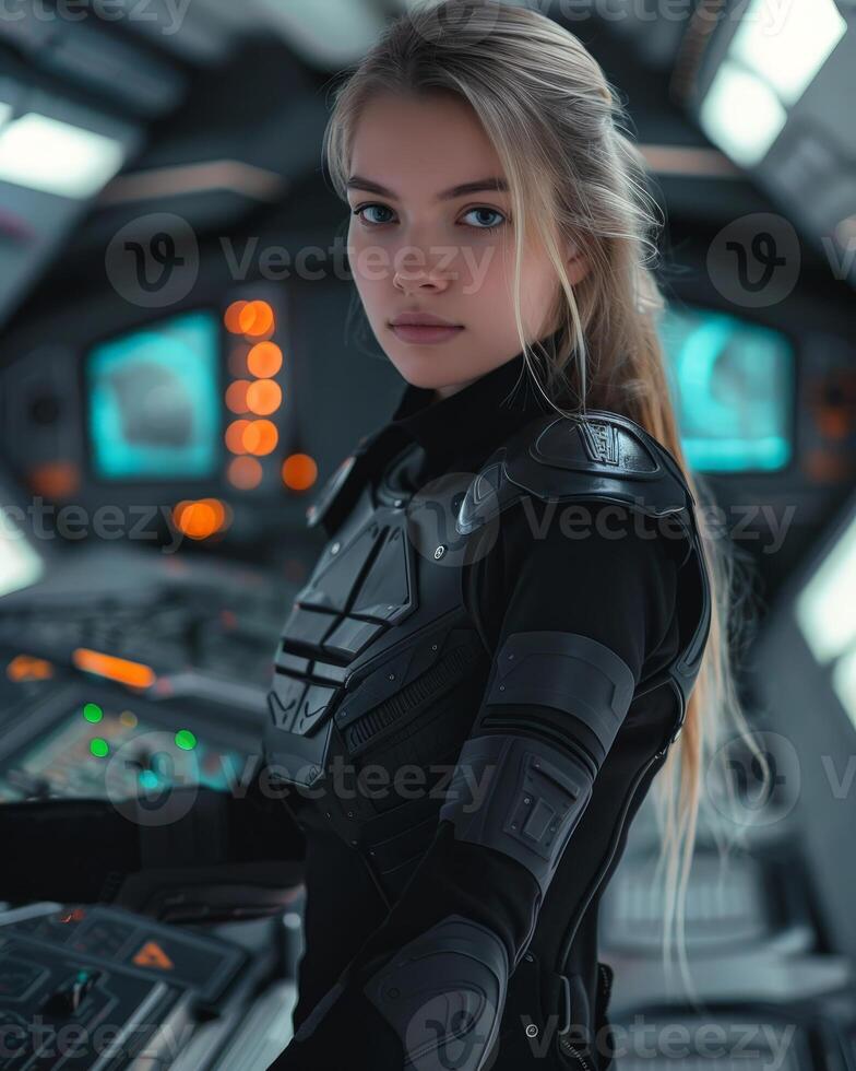 futuristic woman in black armor operating advanced control panel photo