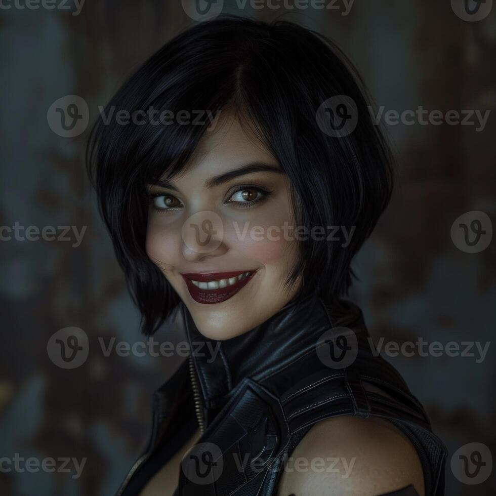 Confident woman with dark hair and red lips photo