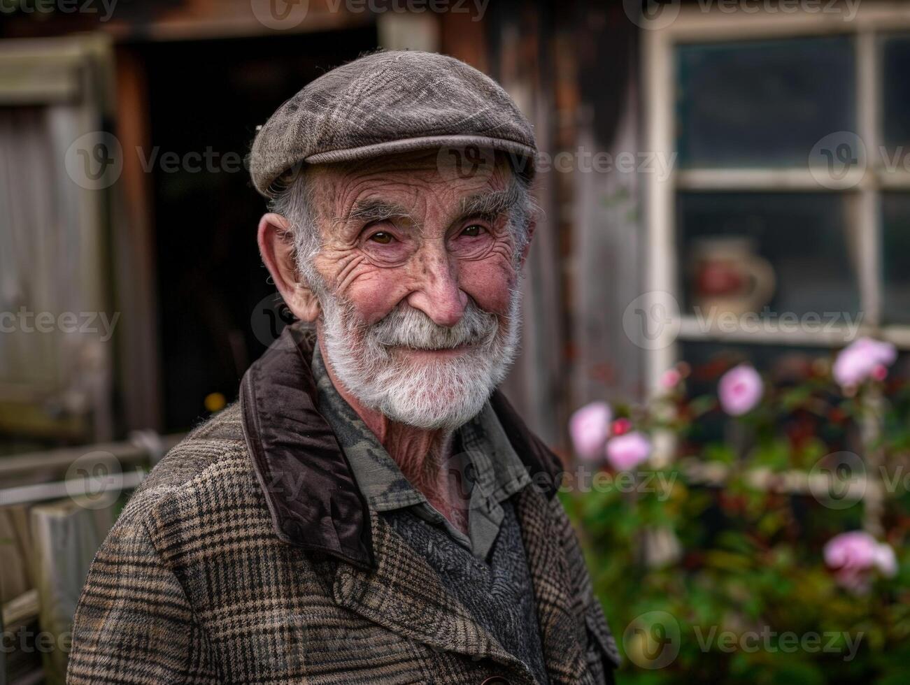 Smiling senior man with beard and cap in rustic setting photo