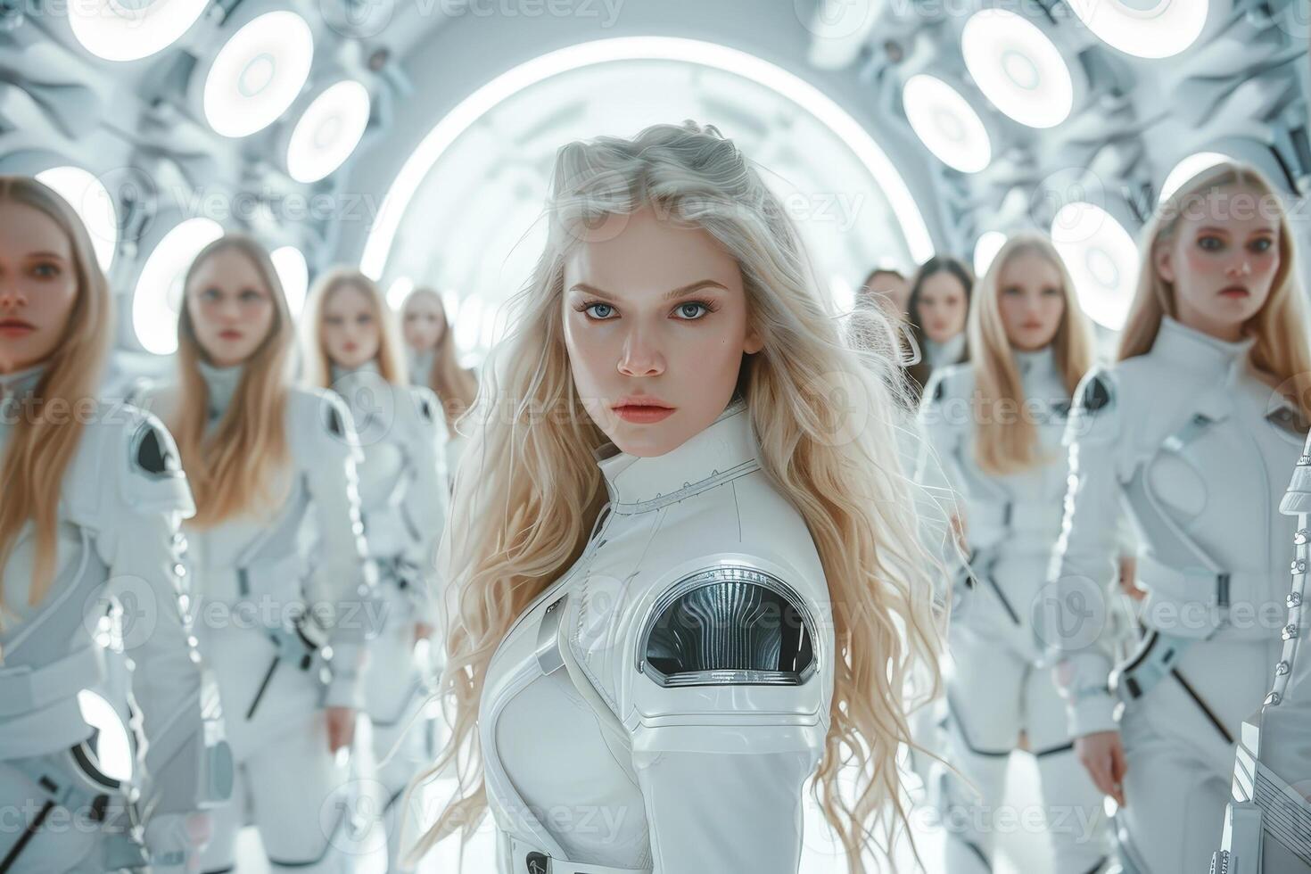 futuristic female leader in space suit commanding army of clones photo