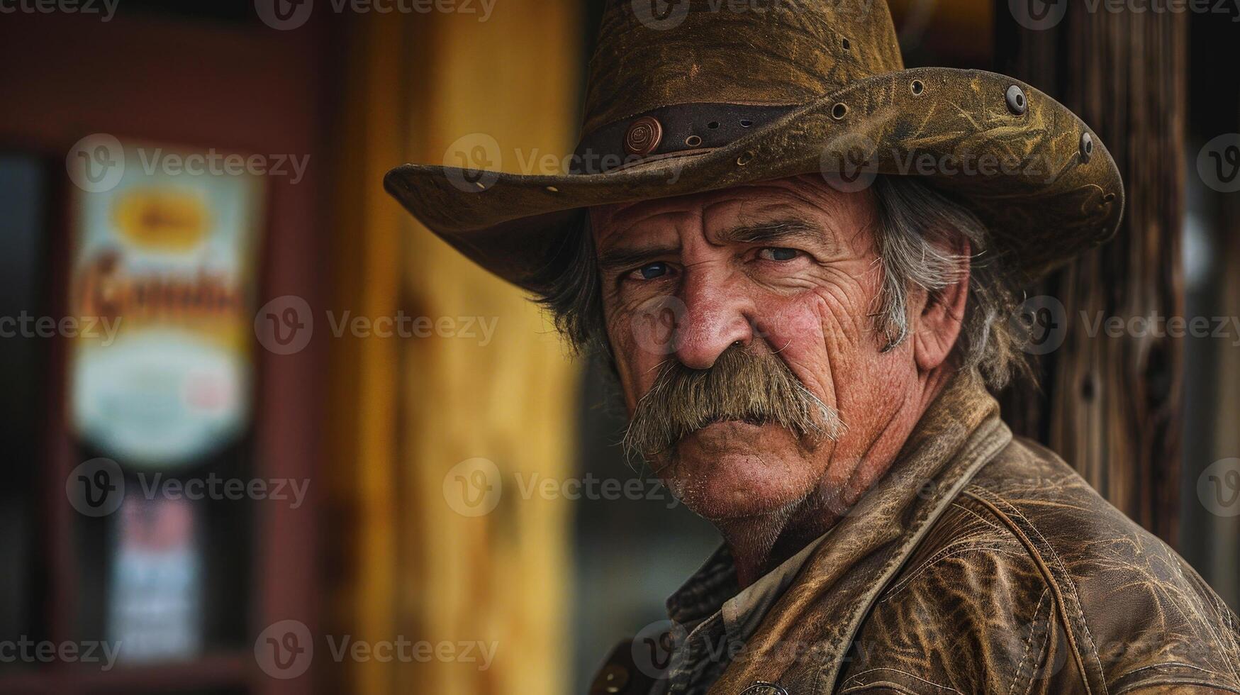 Weathered cowboy with rugged features and mustache photo