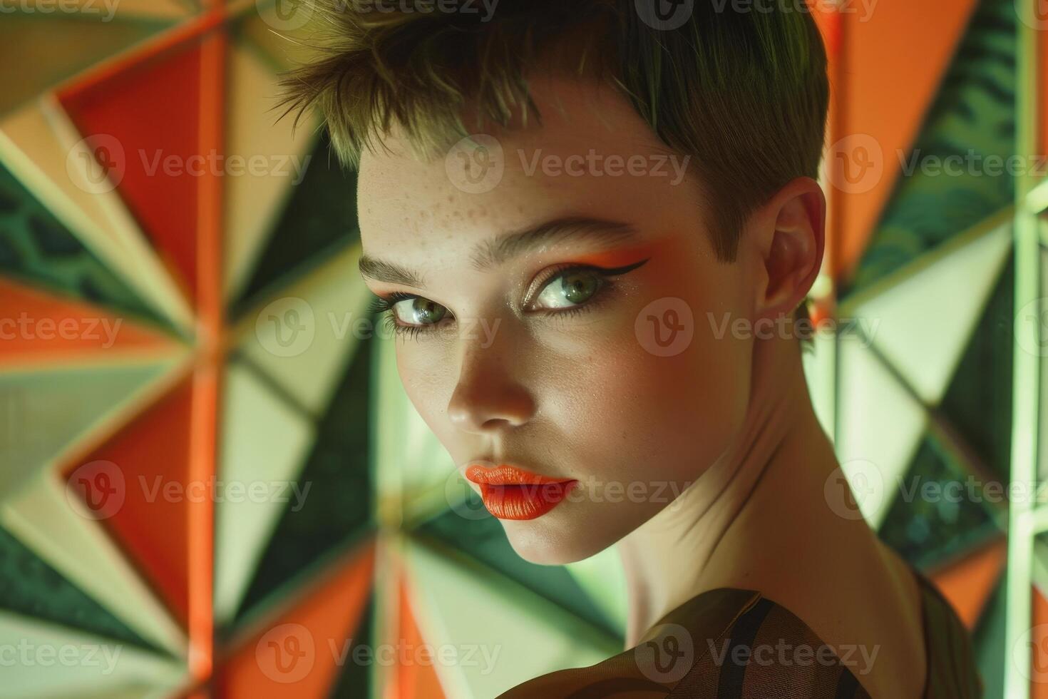 Striking portrait of a person with bold makeup and hairstyle photo