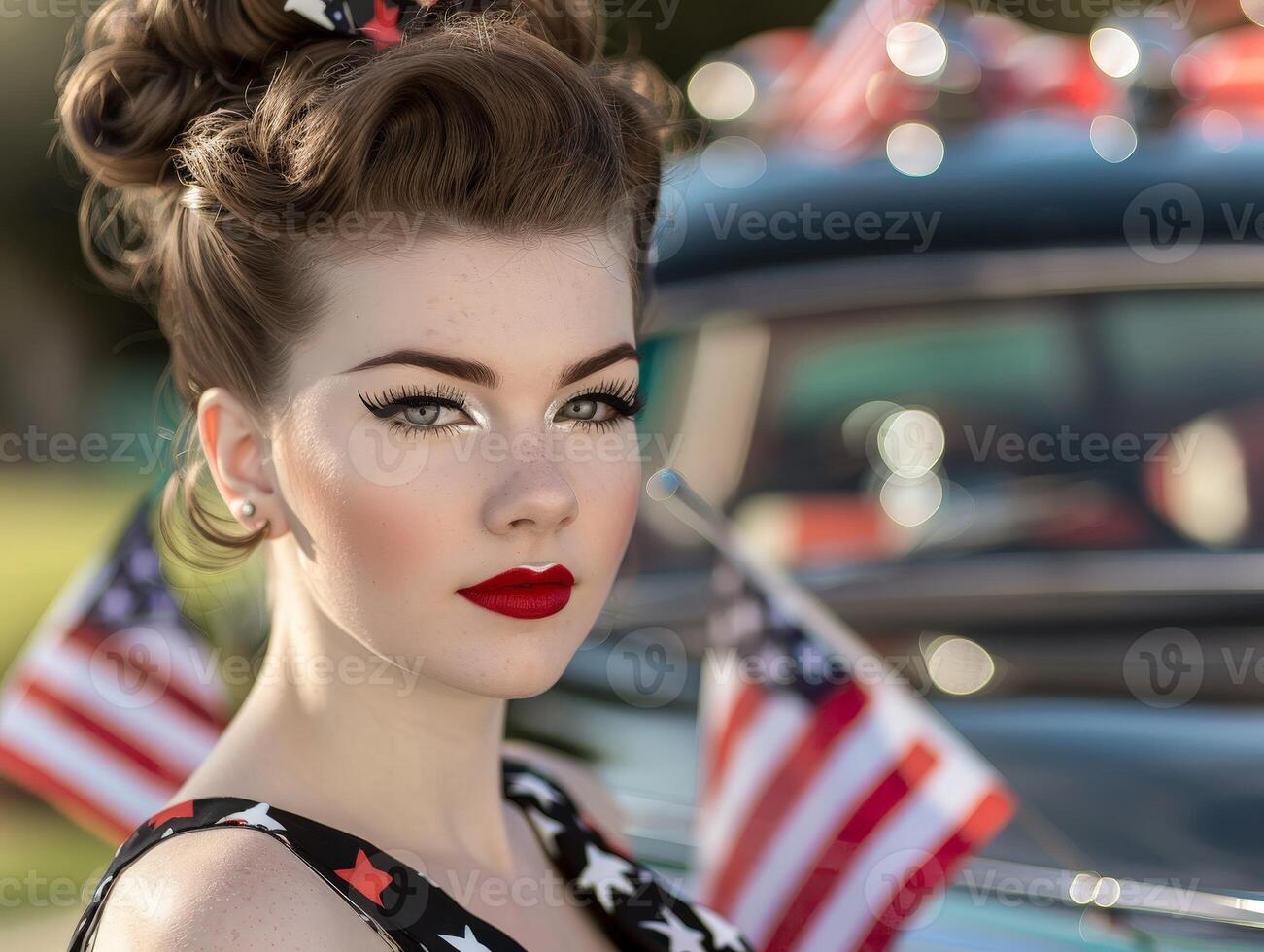 Retro styled woman with makeup and hairstyle posing in front of classic car photo