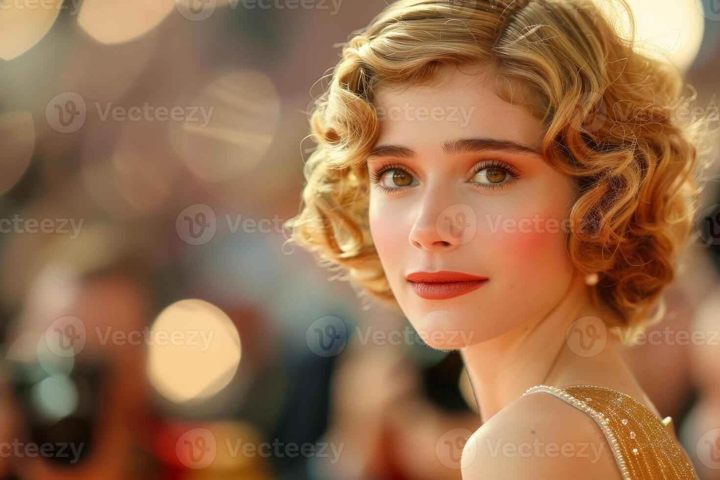 beautiful woman with curly blonde hair and red lipstick photo