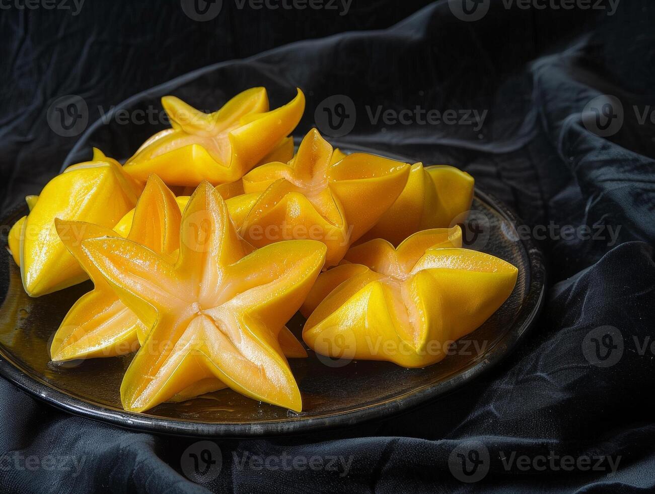 Sliced star fruit on a dark plate photo