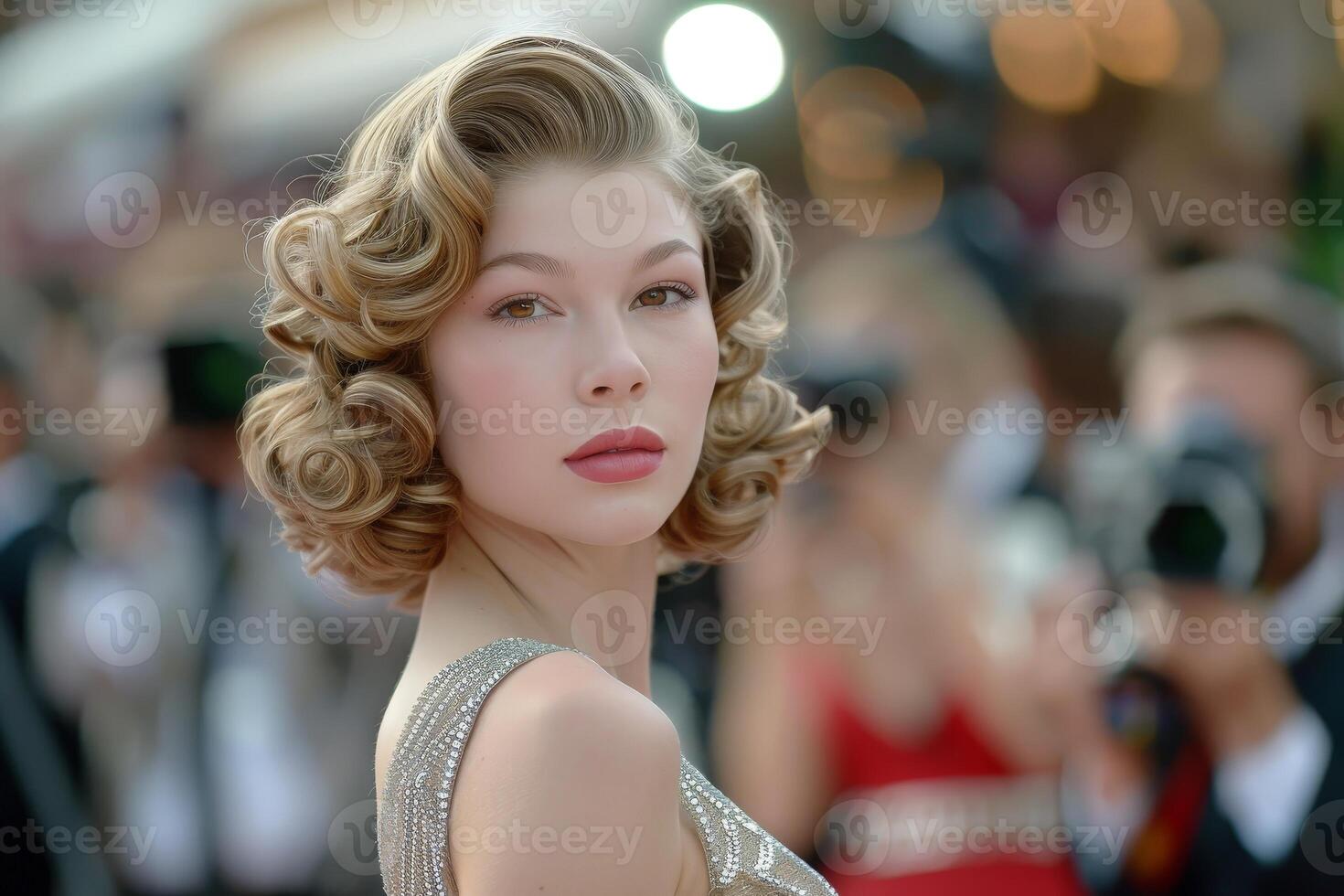 Glamorous woman with curly blonde hair and red lips photo