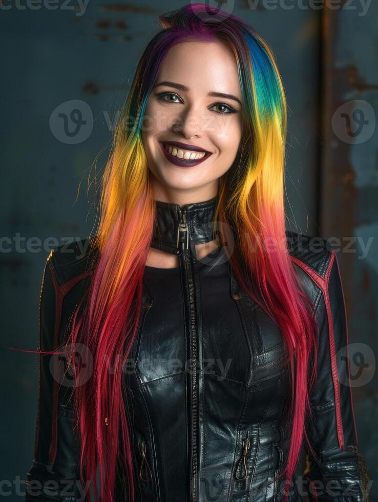 Vibrant Multicolored Hair and Leather Jacket photo