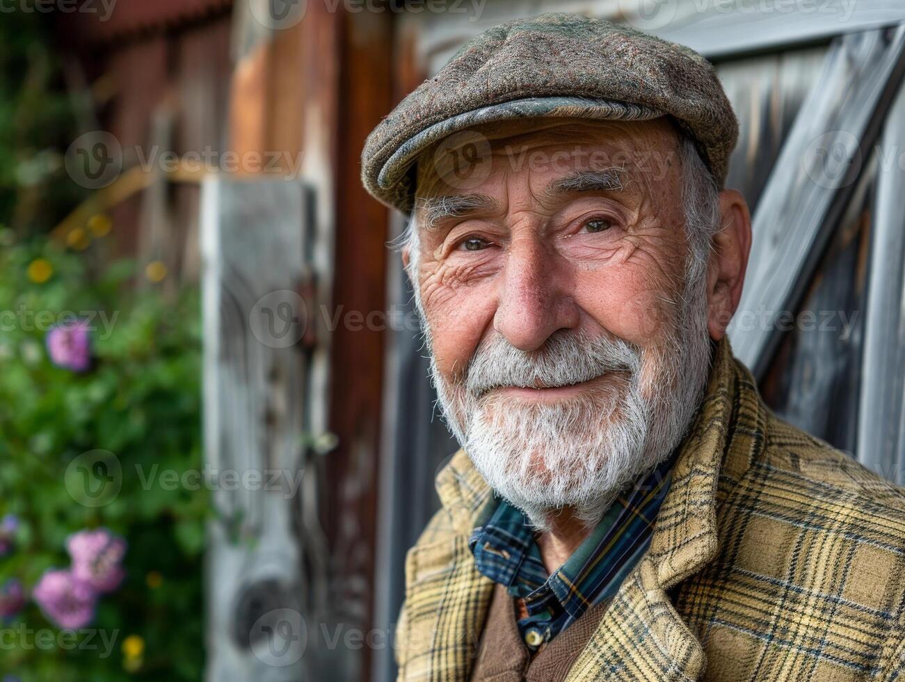 Elderly man with beard and hat standing in front of wooden building photo