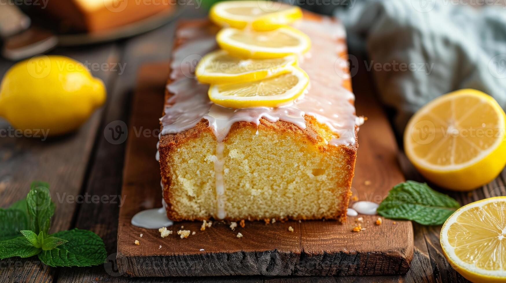 Delicious lemon cake with glaze and fresh lemon slices photo