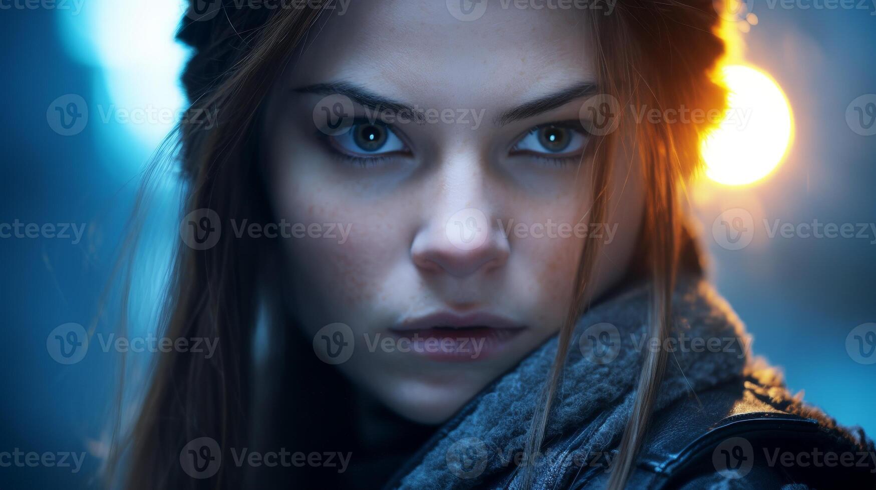 Intense gaze of a woman with striking blue eyes photo