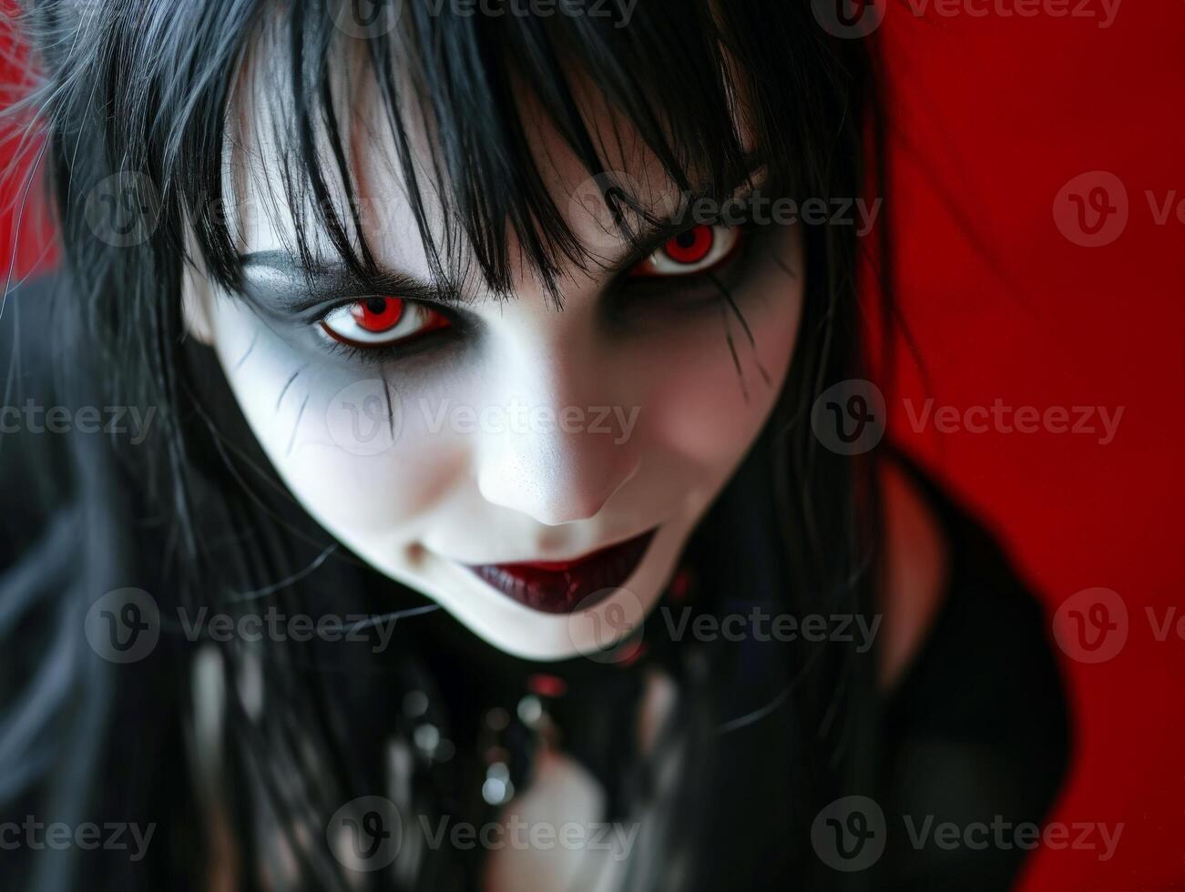 Intense gaze of a dark haired individual with striking red eyes photo