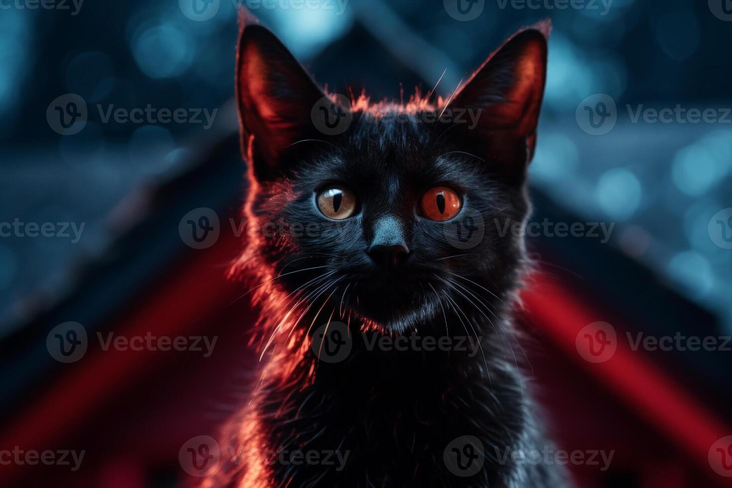 Intense black cat with glowing red eyes in the dark photo