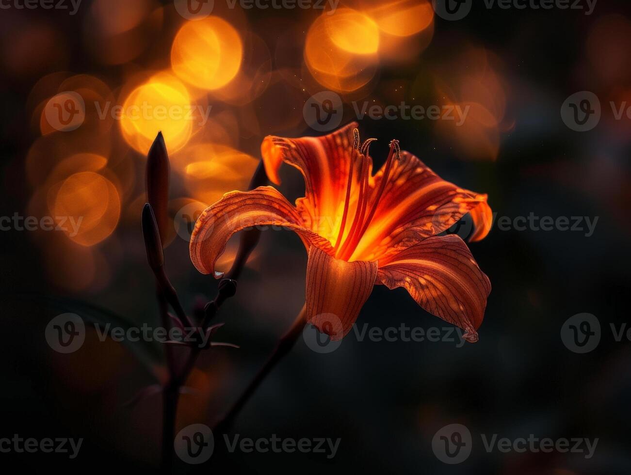 vibrant orange lily flower in dark background with bokeh lights photo