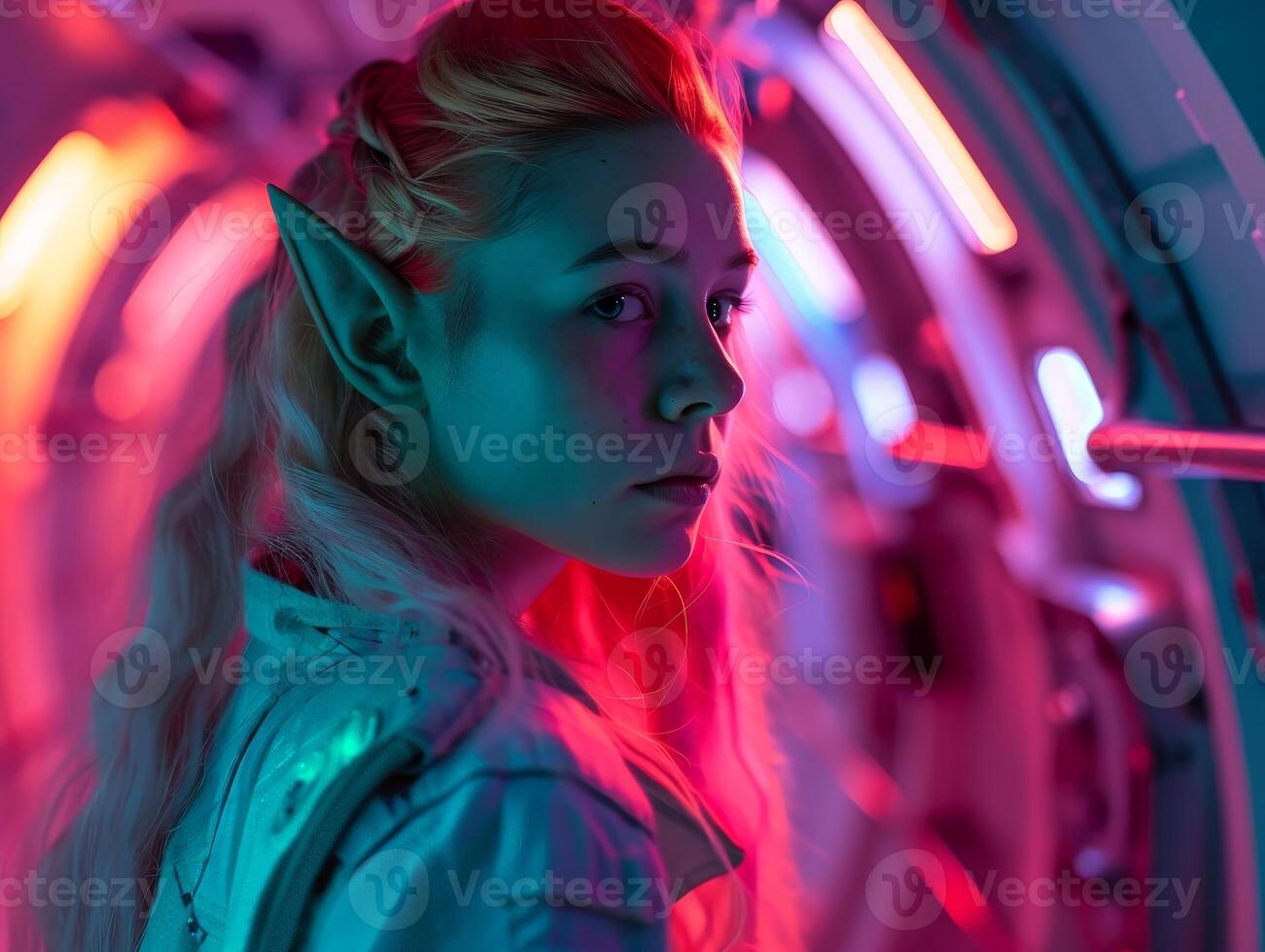 woman with elf like features in neon lighting photo