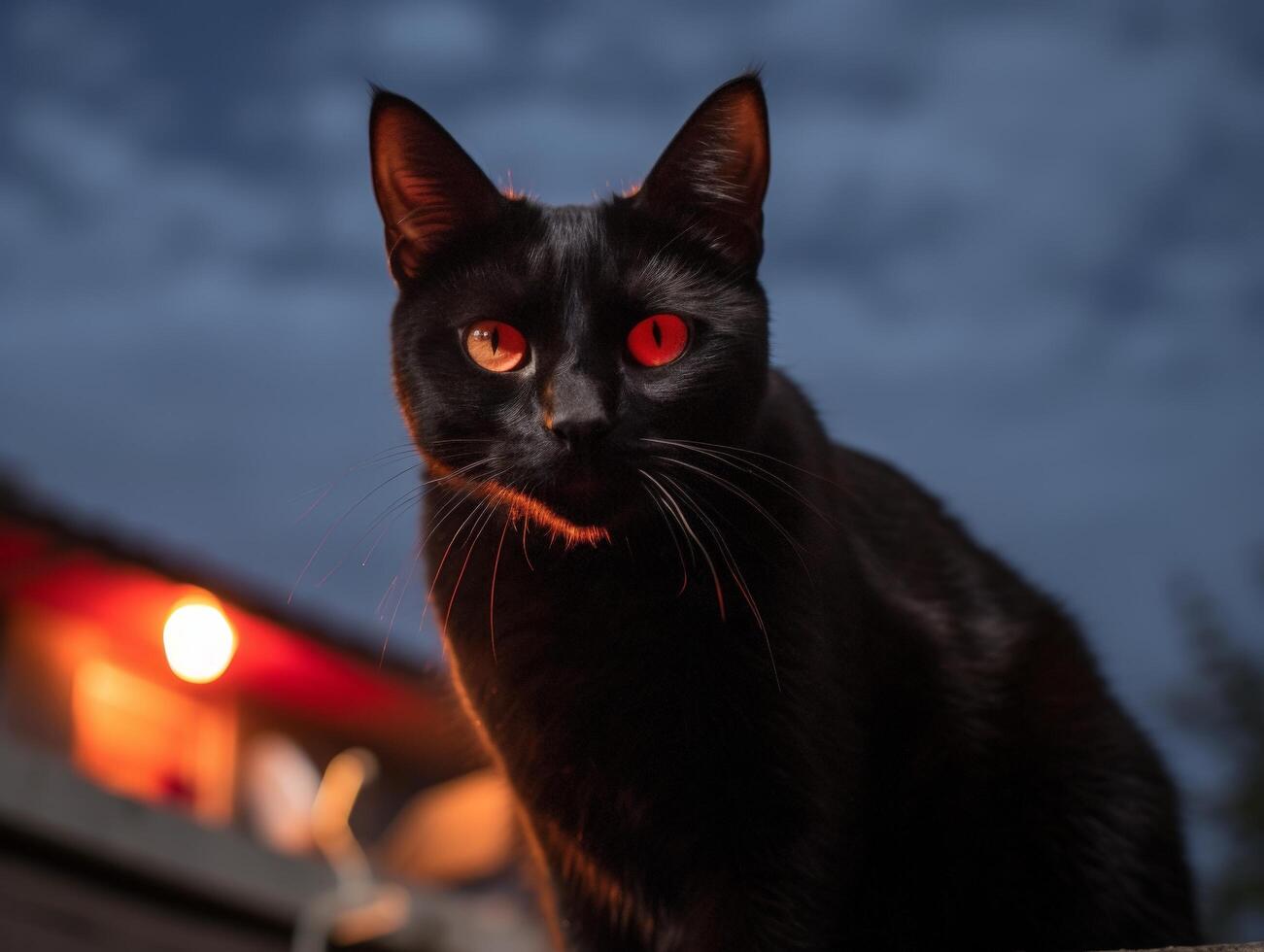 Mysterious black cat with glowing red eyes in the dark photo