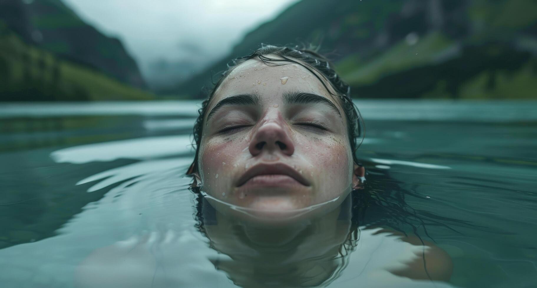 woman relaxing in serene mountain lake photo