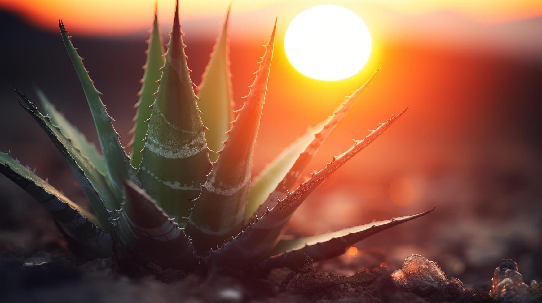 Vibrant sunset over desert cactus landscape photo