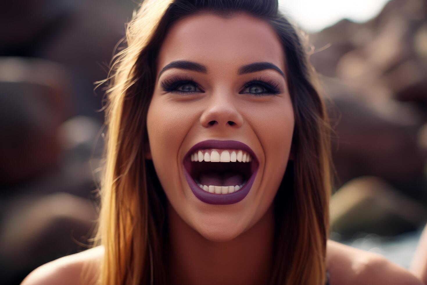 Joyful woman with bright makeup and big smile photo