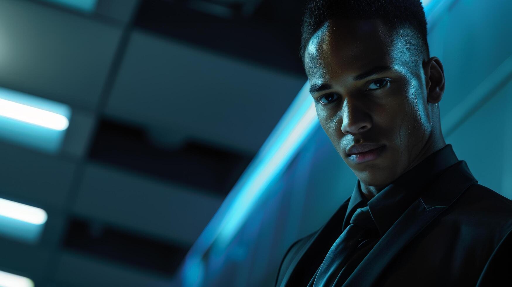 serious businessman in dark suit looking intense photo