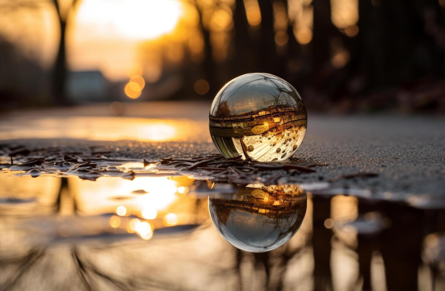 Sunset reflected in a glass sphere on a wet surface photo
