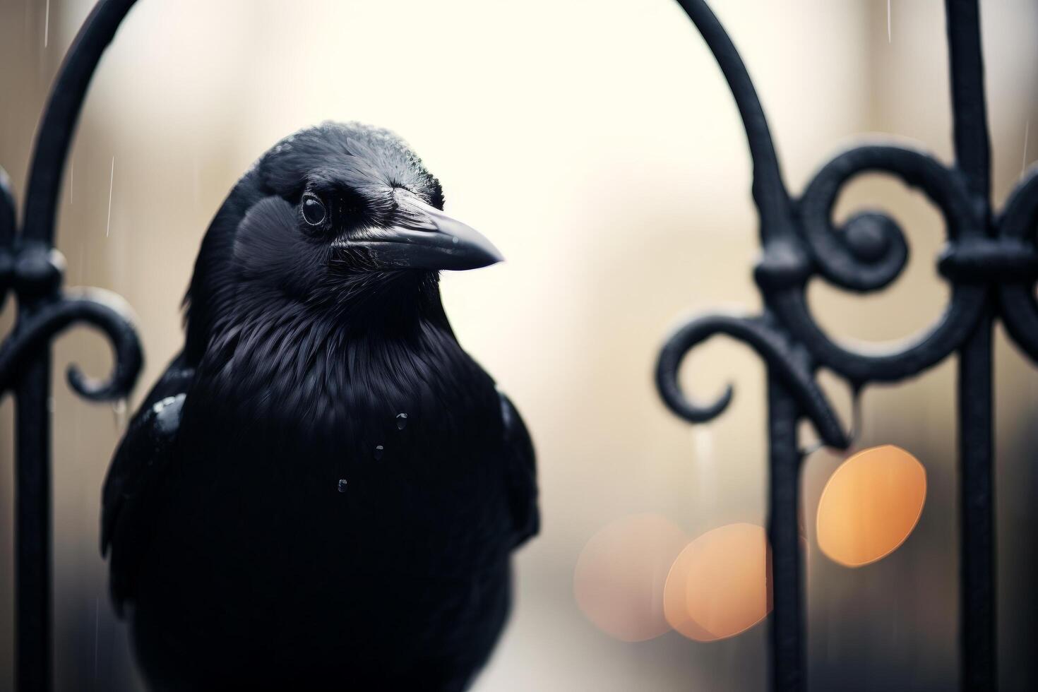 close up of a black raven perched on a wrought iron fence photo