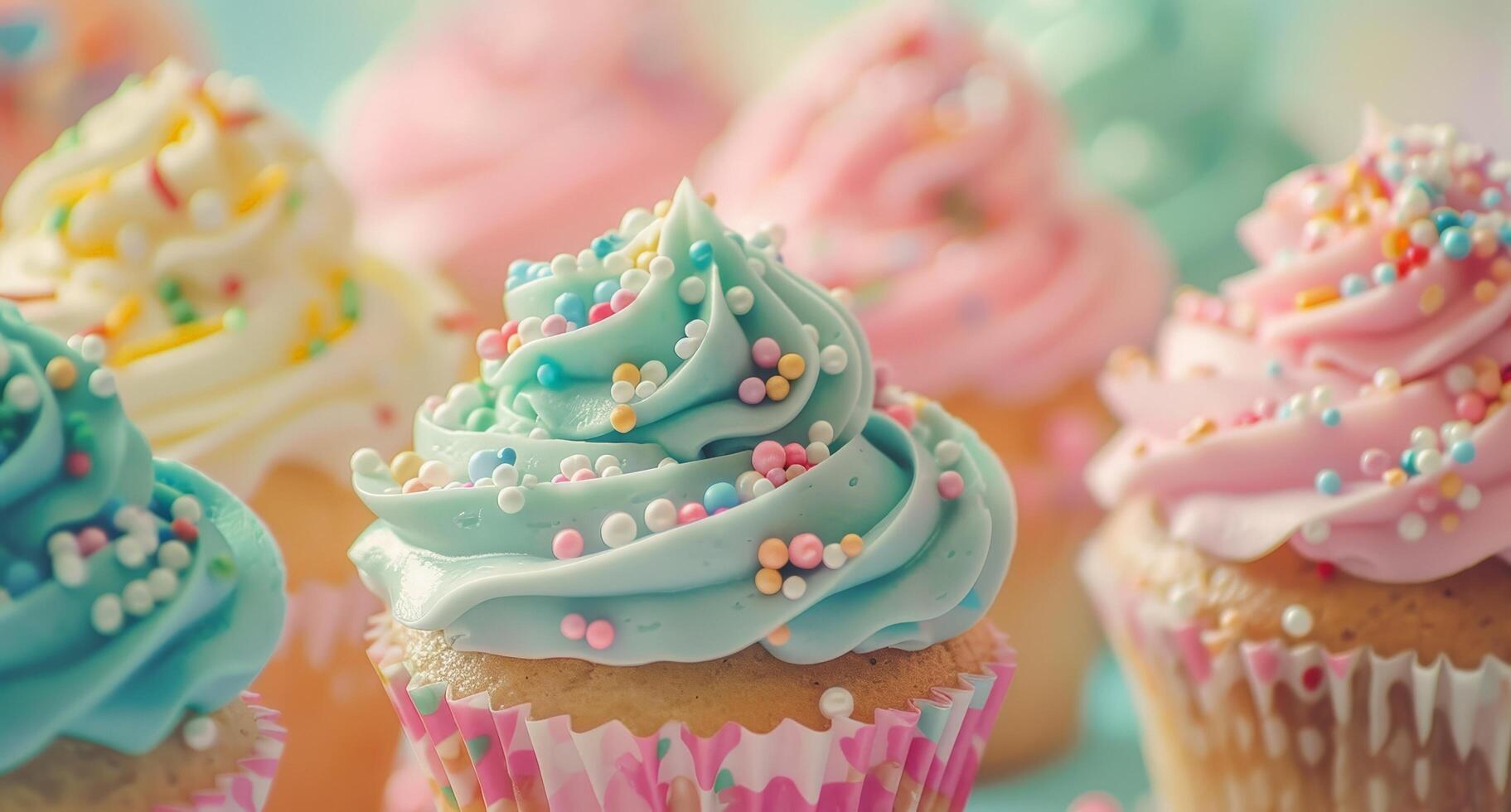 Colorful cupcakes with vibrant frosting and sprinkles photo