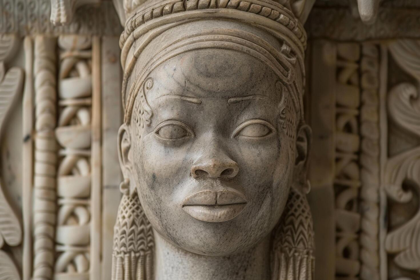 Intricate carved stone face with detailed features photo