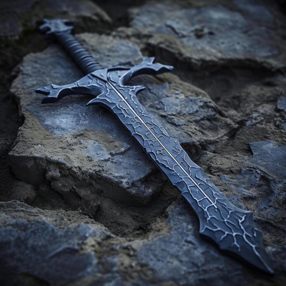 Ornate fantasy sword on rocky surface photo