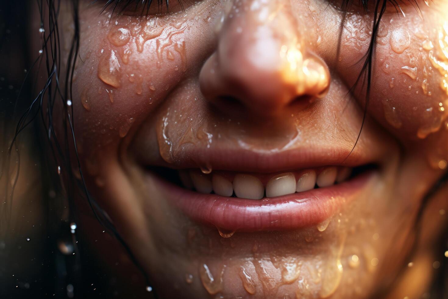 Close up of a wet, smiling face photo