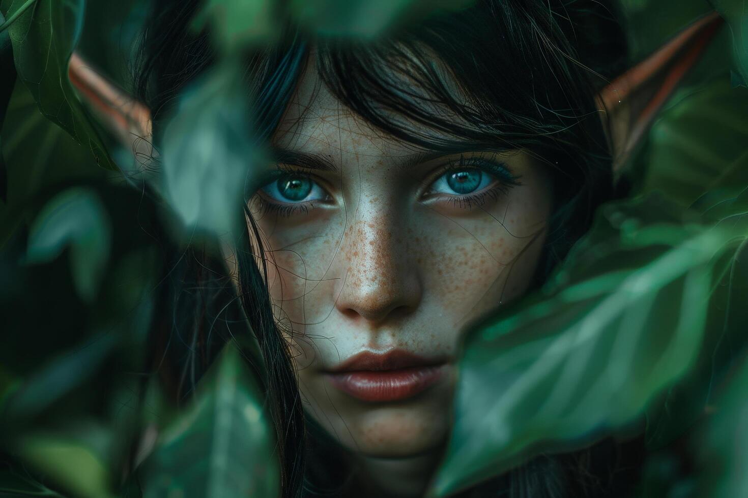 Mysterious woman with piercing blue eyes in lush green foliage photo