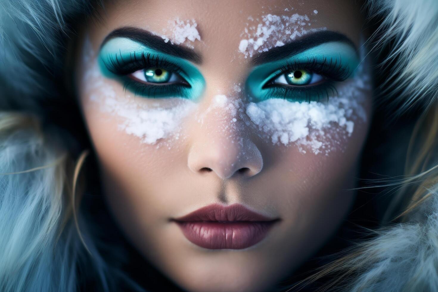 Stunning winter makeup with icy blue eyeshadow and snow flakes photo