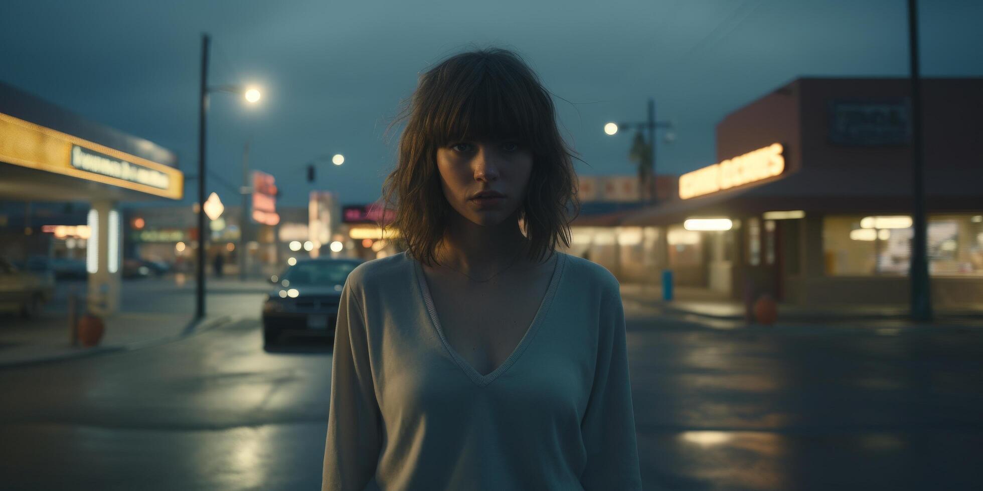 woman standing alone on city street at night photo