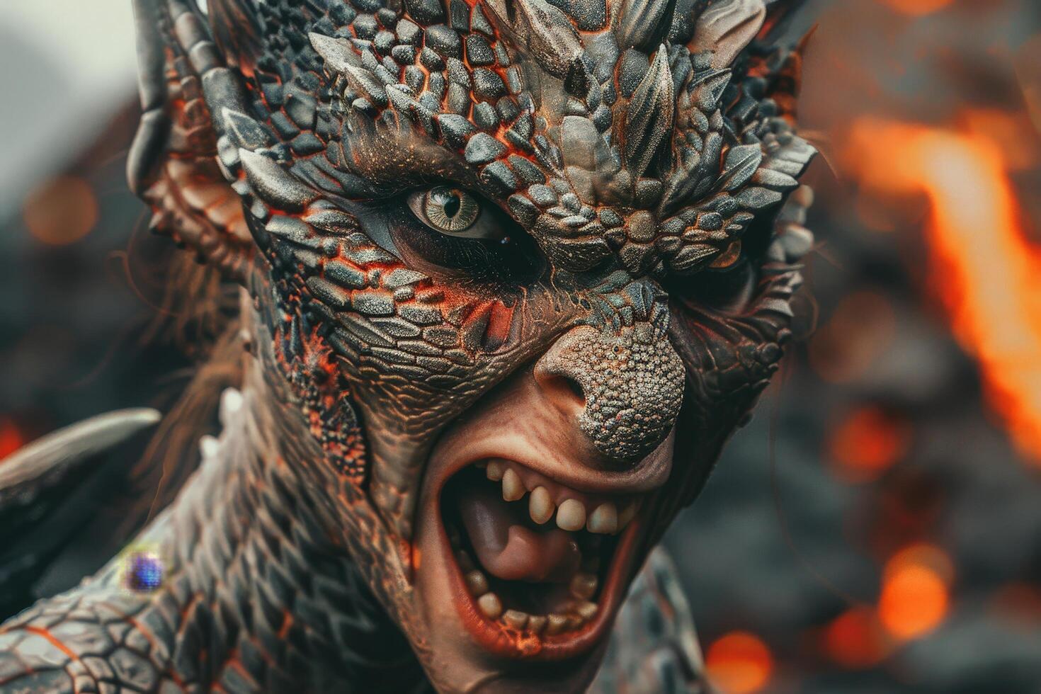 Fierce fantasy creature with glowing eyes and scaly armor photo