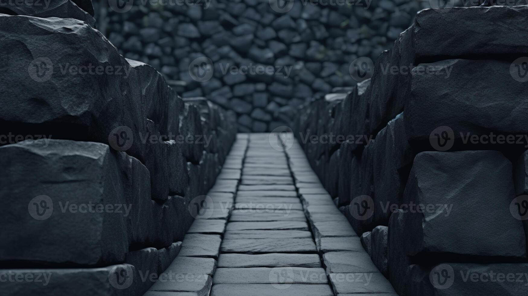 Mysterious stone path leading through a dark, moody landscape photo