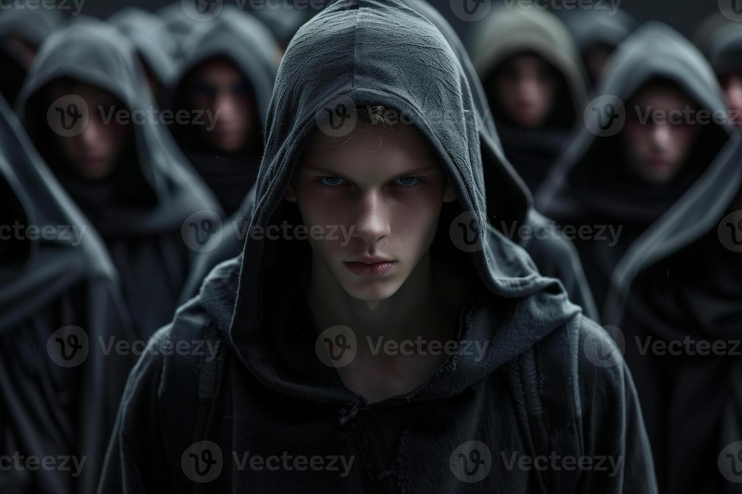 Hooded figure in dark crowd photo