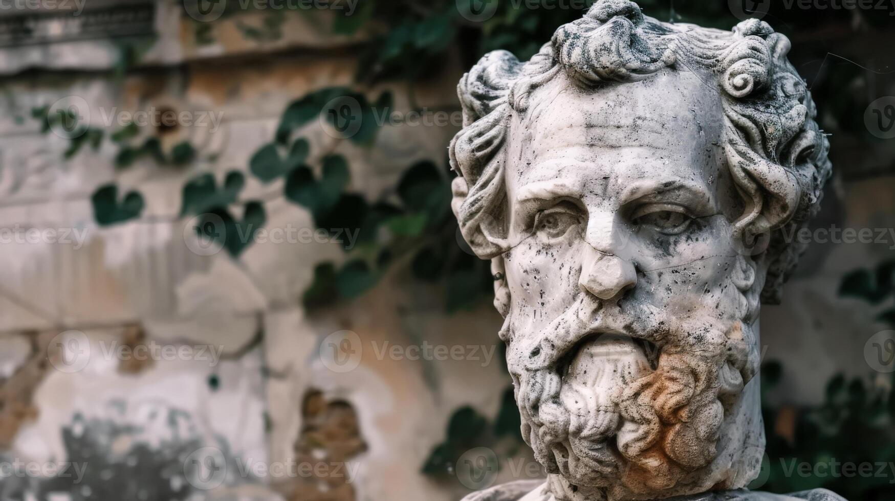 Weathered stone statue with ivy in the background photo