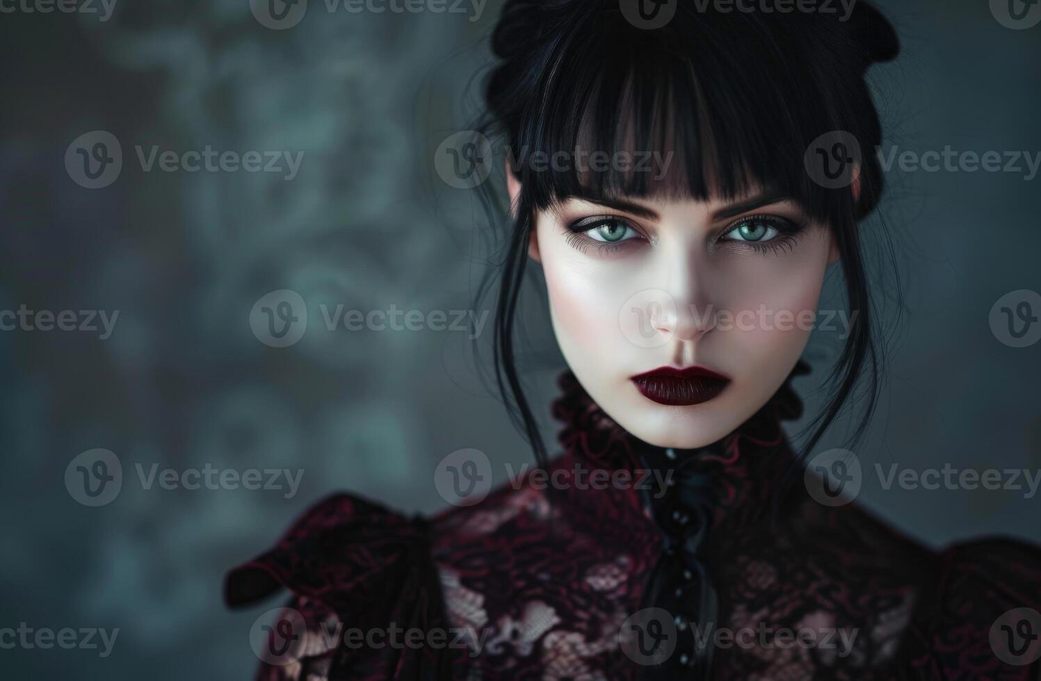 Mysterious woman with dark hair and intense gaze photo