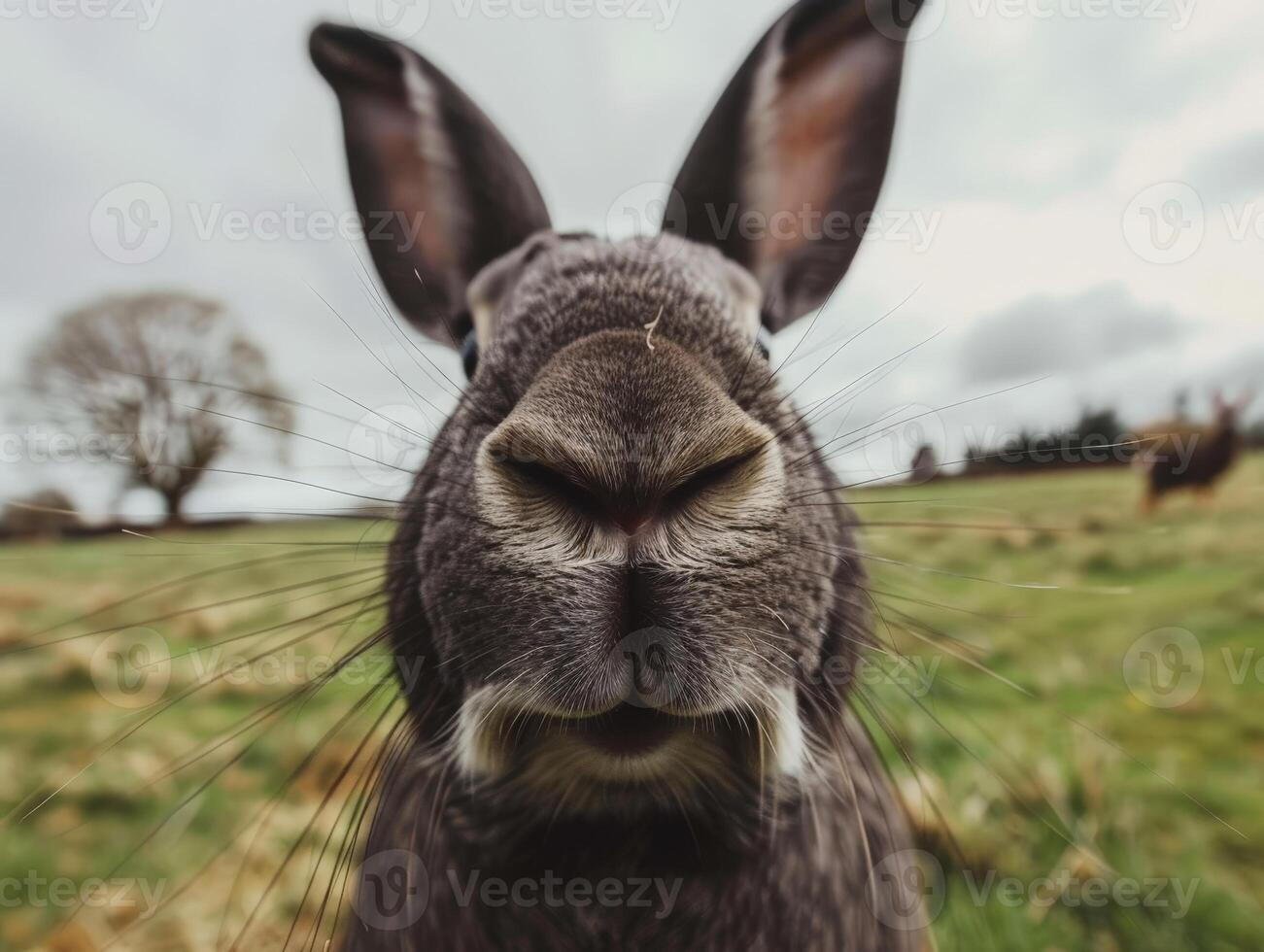 Closeup of a curious rabbit in a field photo