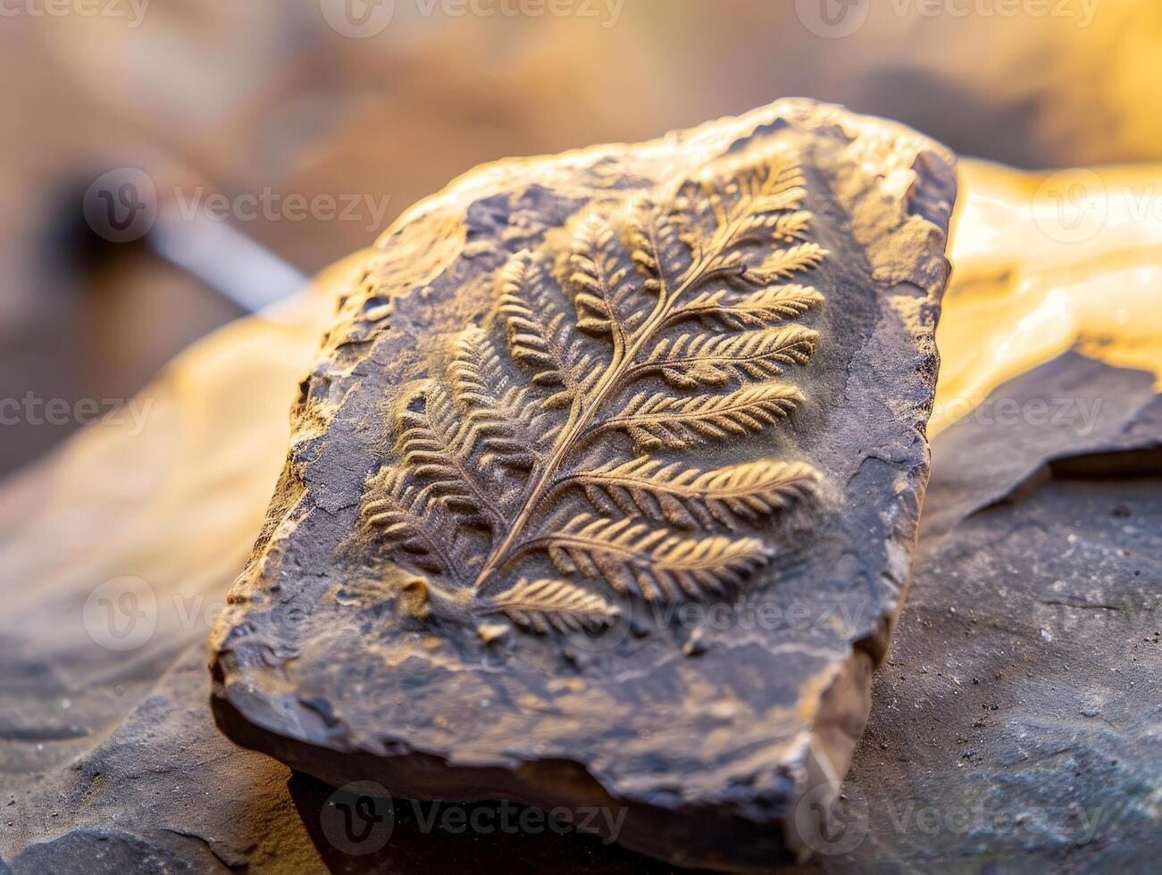 Fossilized fern leaf imprint on rock photo
